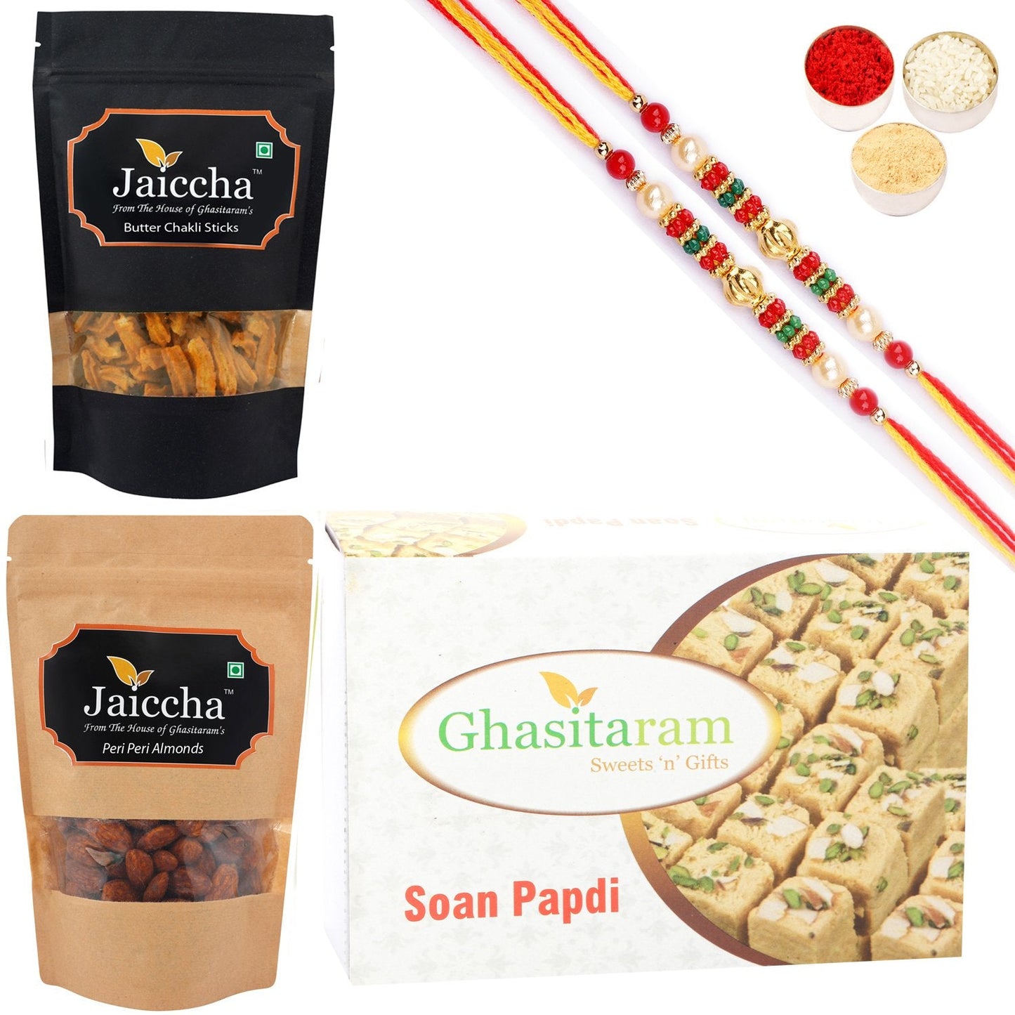 Ghasitaram Soan Papdi, Butter Chakli Sticks and Peri Peri Almonds With 2 Pearl Beads Rakhis - Altcheeni