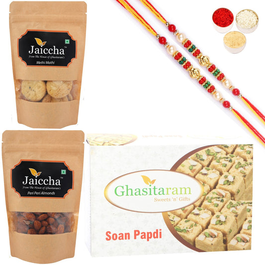 Ghasitaram Soan Papdi, Methi Mathi and Peri Peri Almonds With 2 Pearl Beads Rakhis - Altcheeni