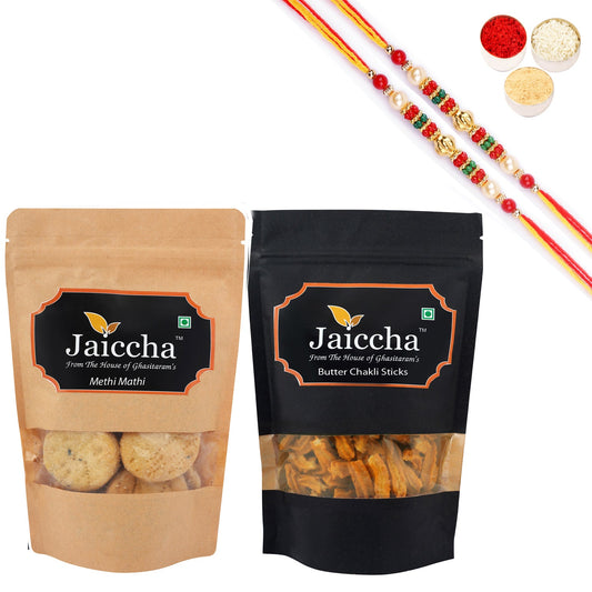 Ghasitaram Jaiccha Assorted Bites and Methi Mathi With 2 Pearl Beads Rakhis | Swadesiicart