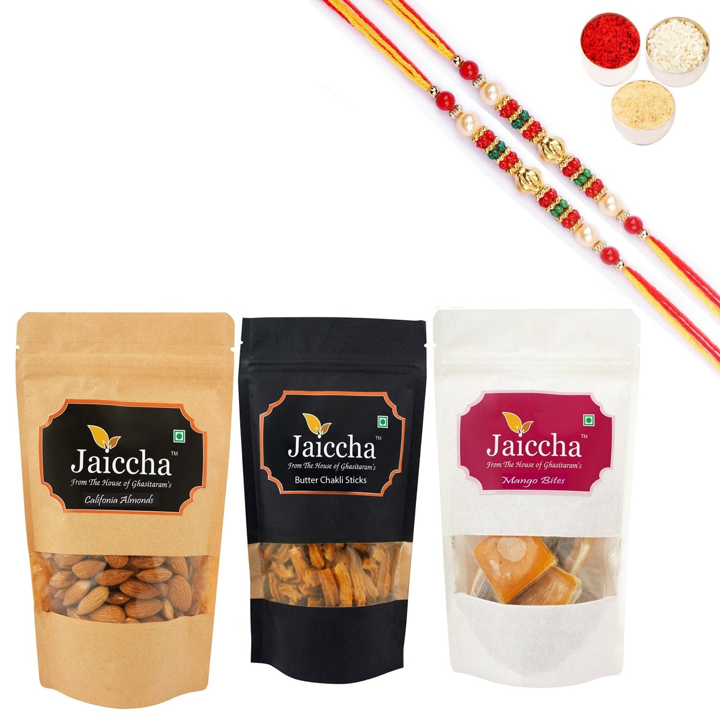 Ghasitaram Jaiccha Mango Bites, Butter Chakli Sticks and Almonds With 2 Pearl Beads Rakhis | Swadesiicart