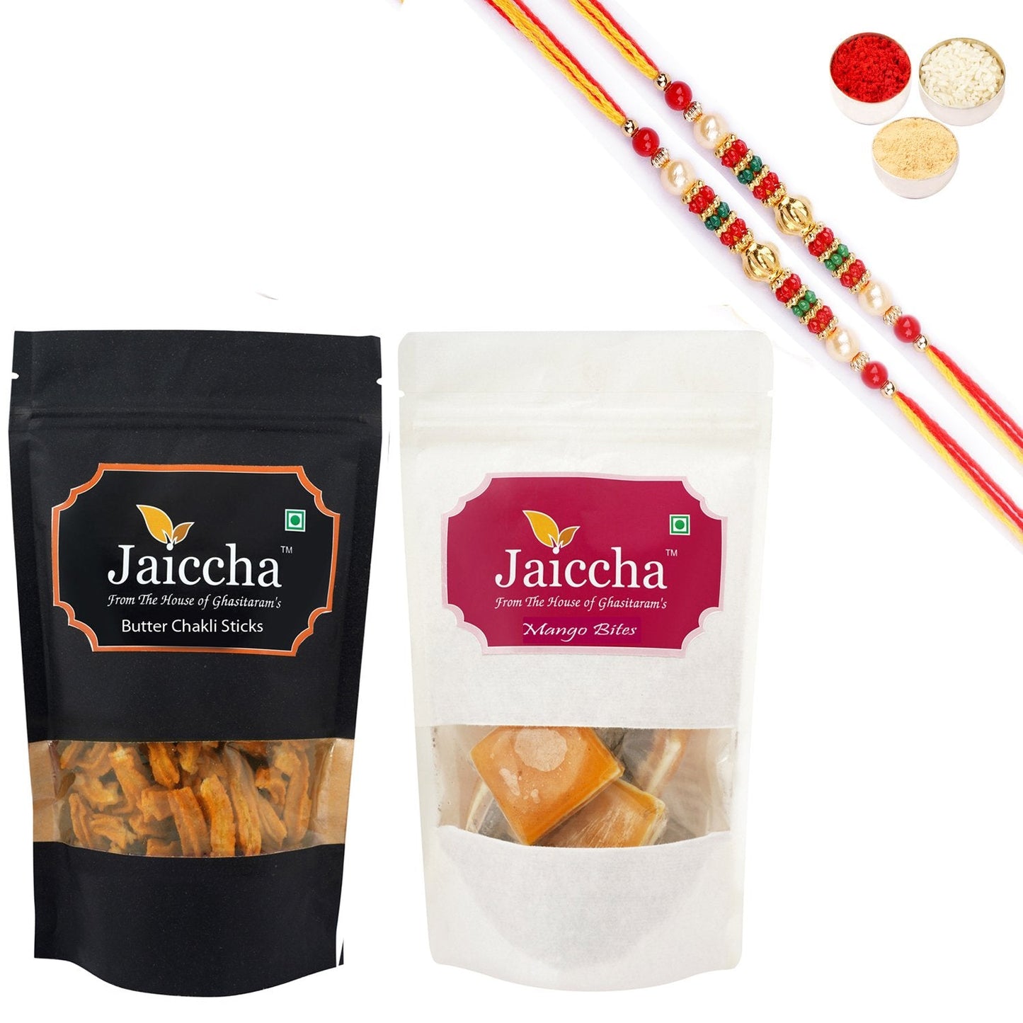 Ghasitaram Mango Bites and Butter Chakli Sticks With 2 Pearl Beads Rakhis - Altcheeni