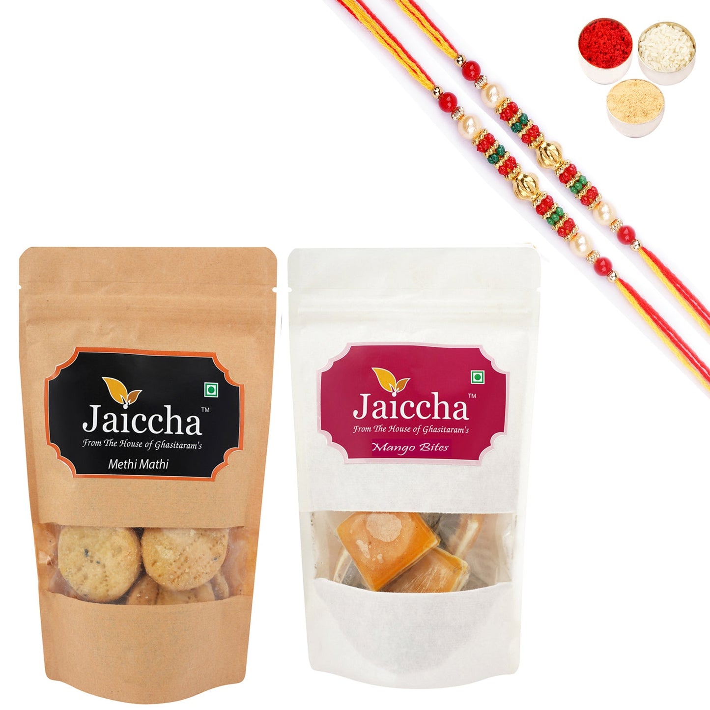 Ghasitaram Jaiccha Mango Bites and Methi Mathi With 2 Pearl Beads Rakhis | Swadesiicart