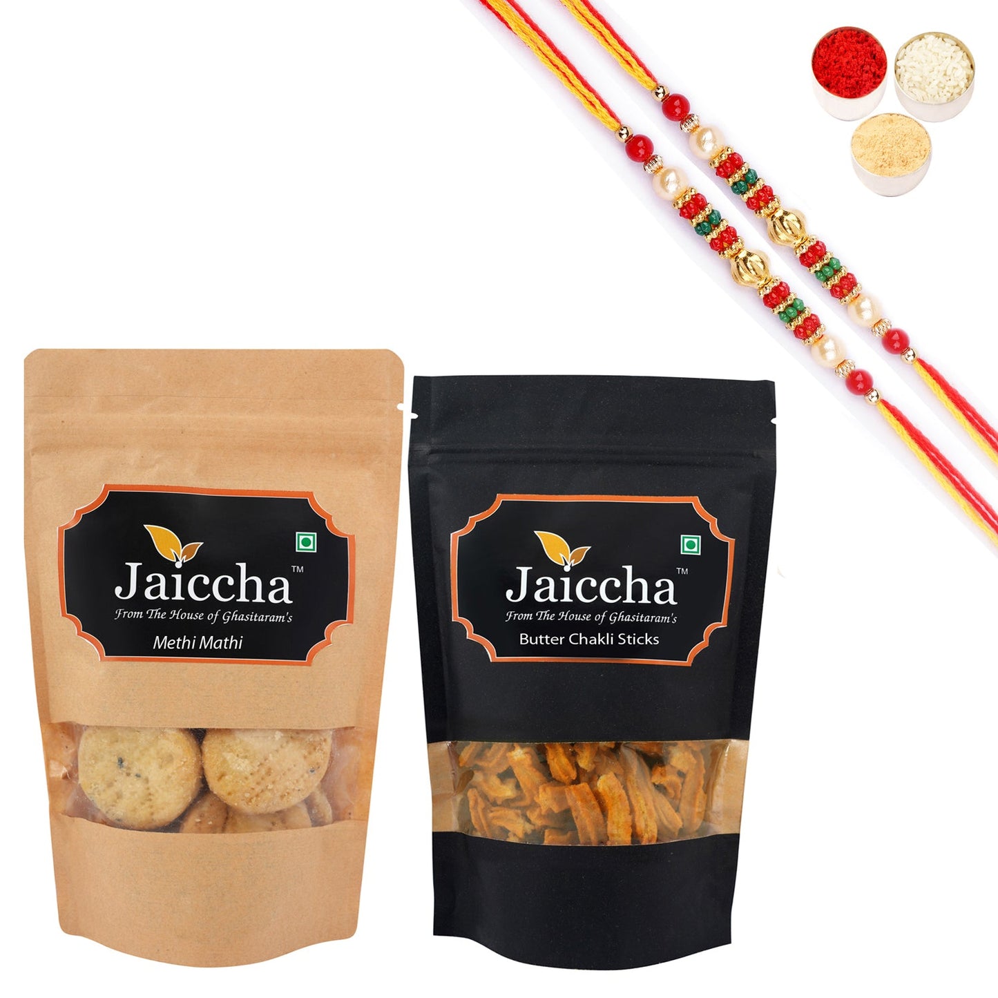 Ghasitaram Jaiccha Mewa Bites and Methi Mathi With 2 Pearl Beads Rakhis | Swadesiicart