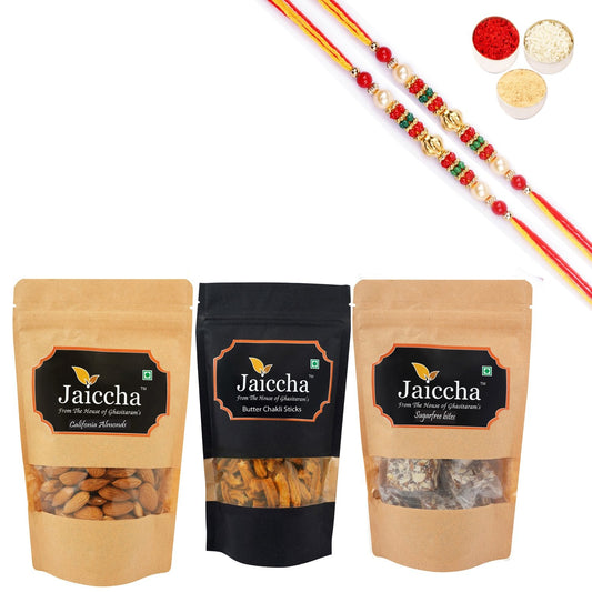 Ghasitaram Jaiccha Suagrfree Bites, Butter Chakli Sticks and Almonds With 2 Pearl Beads Rakhis | Swadesiicart