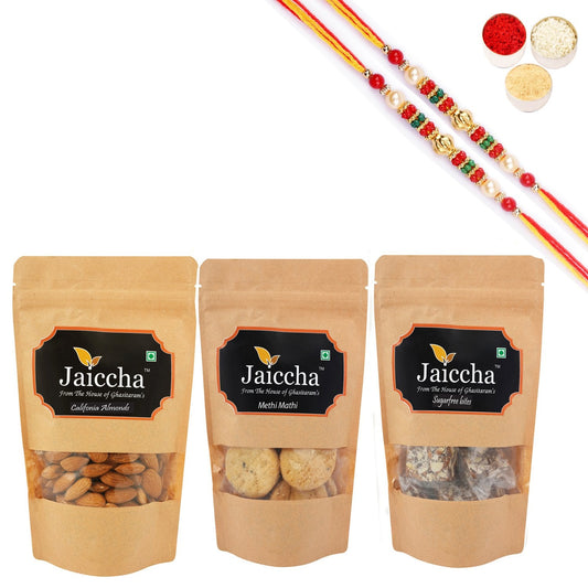 Ghasitaram Jaiccha Suagrfree Bites,Methi Mathi and Almonds With 2 Pearl Beads Rakhis | Swadesiicart