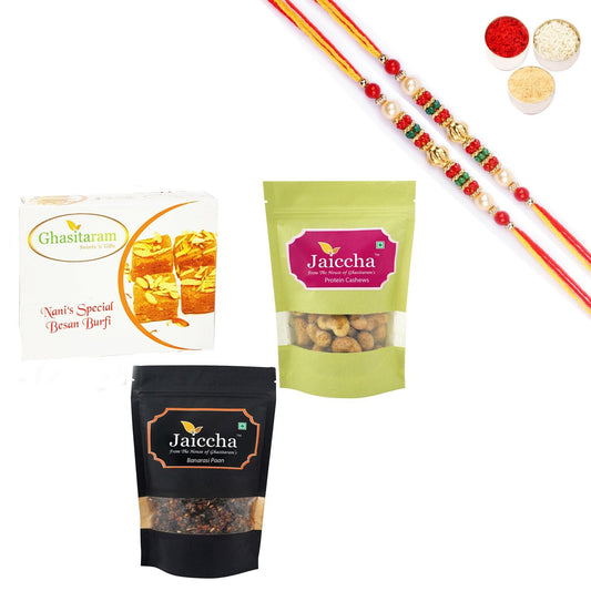 Ghasitaram Besan Barfi,Protein Cashews and Banarsi Paan With Pearl Beads Rakhi | Swadesiicart