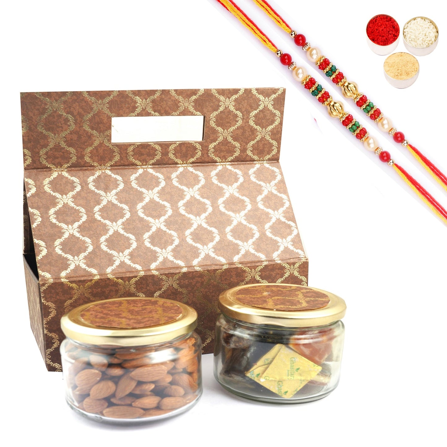 Ghasitaram Assorted Bites and Almonds With 2 Pearl Beads Rakhis | Swadesiicart