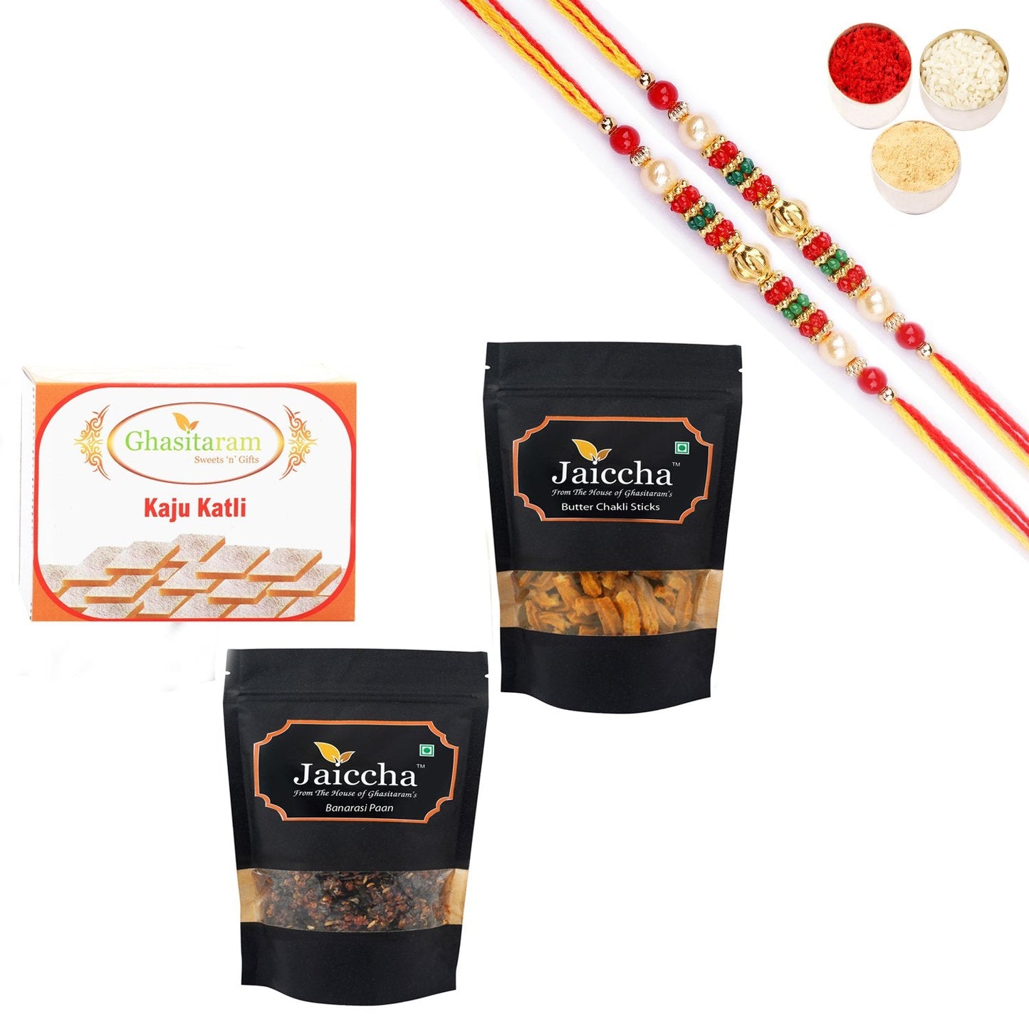 Ghasitaram Kaju Katlis,Butter Chakli Sticks and Banarsi Paan With Pearl Beads Rakhi | Swadesiicart