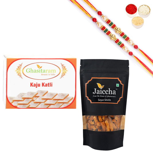 Ghasitaram Kaju Katli and Soya Sticks Pouch With Pearl Beads Rakhi | Swadesiicart