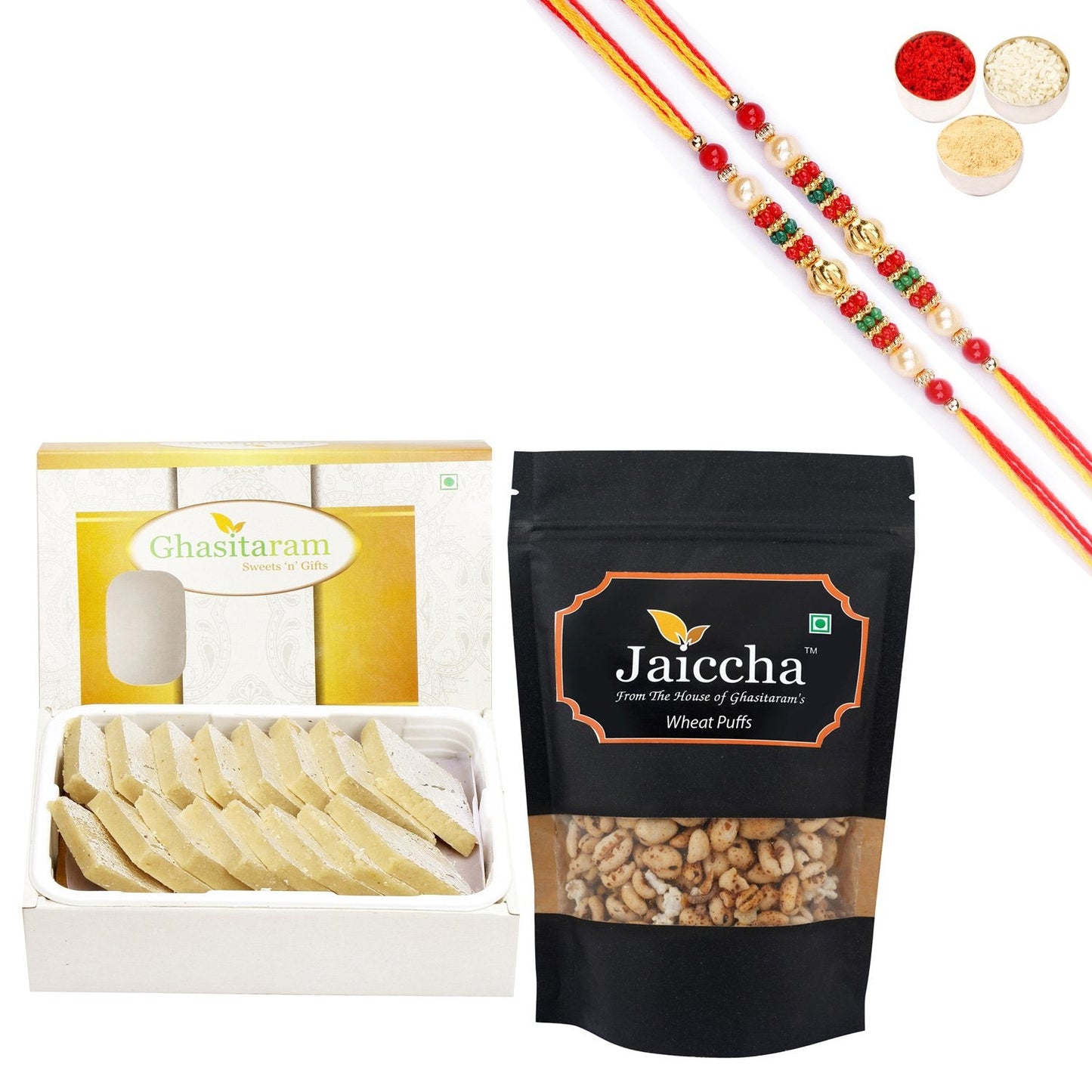 Ghasitaram Sugarfree Kaju Katli and Wheat Puffs With Pearl Beads Rakhi | Swadesiicart