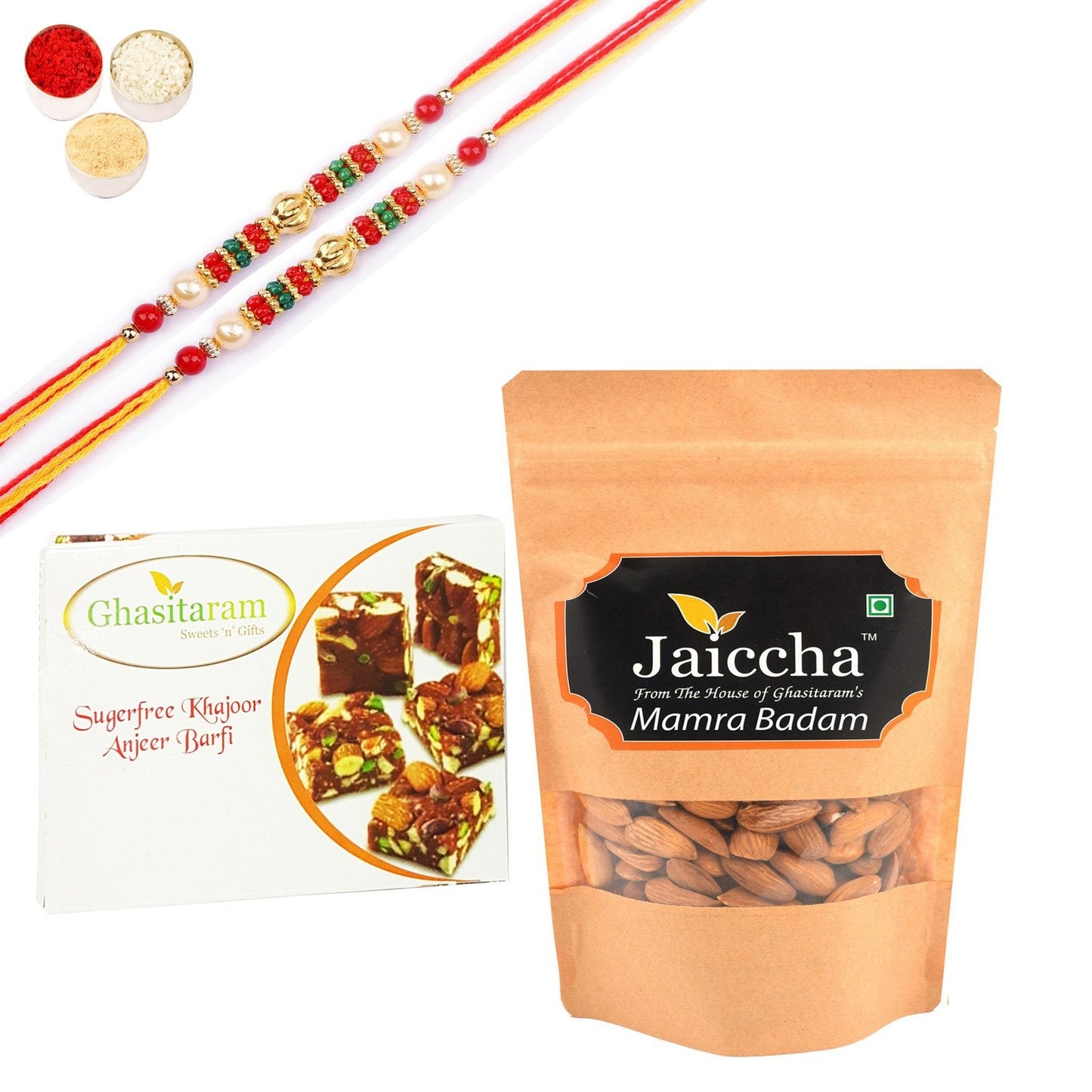 Ghasitaram Sugarfree Figs and Dates Bites,and Mamra Almonds With Pearl Beads Rakhi | Swadesiicart