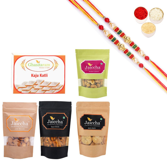 Ghasitaram Best of 5 Sweets and Snacks Combo with Pearl Beads Rakhi | Swadesiicart