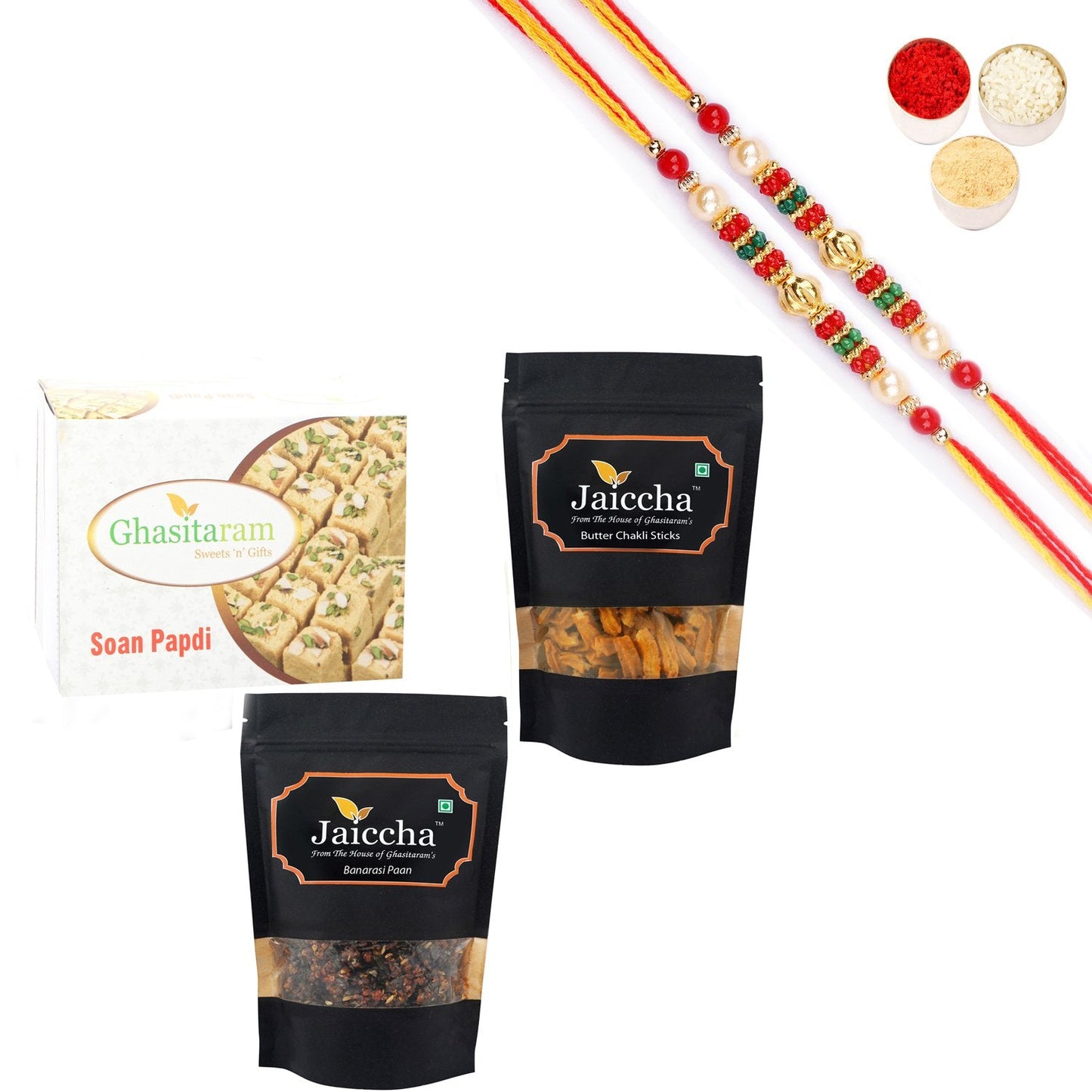 Ghasitaram Soan Papdi,Butter Chakli Sticks and Banarsi Paan With Pearl Beads Rakhi | Swadesiicart