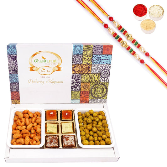 Ghasitaram Assorted Festive Box of Assorted Bites,Crunchy Cashews,Crunchy Peanuts With 2 Pearl Beads Rakhis | Swadesiicart
