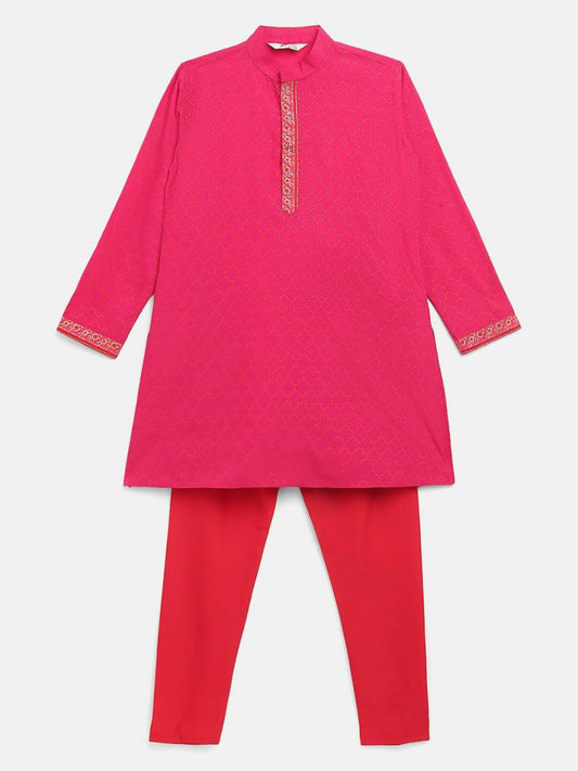 Ahalyaa Pink Crepe Orange Khari Print Kids Kurta Churidar Set For Boys | Swadesiicart