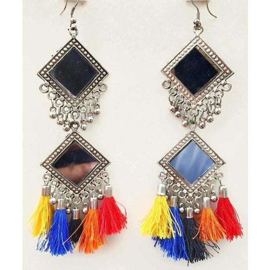 MS Fashion India Long Double Mirror Silver Oxidized Party Wear Earrings For Women And Girls | Swadesiicart