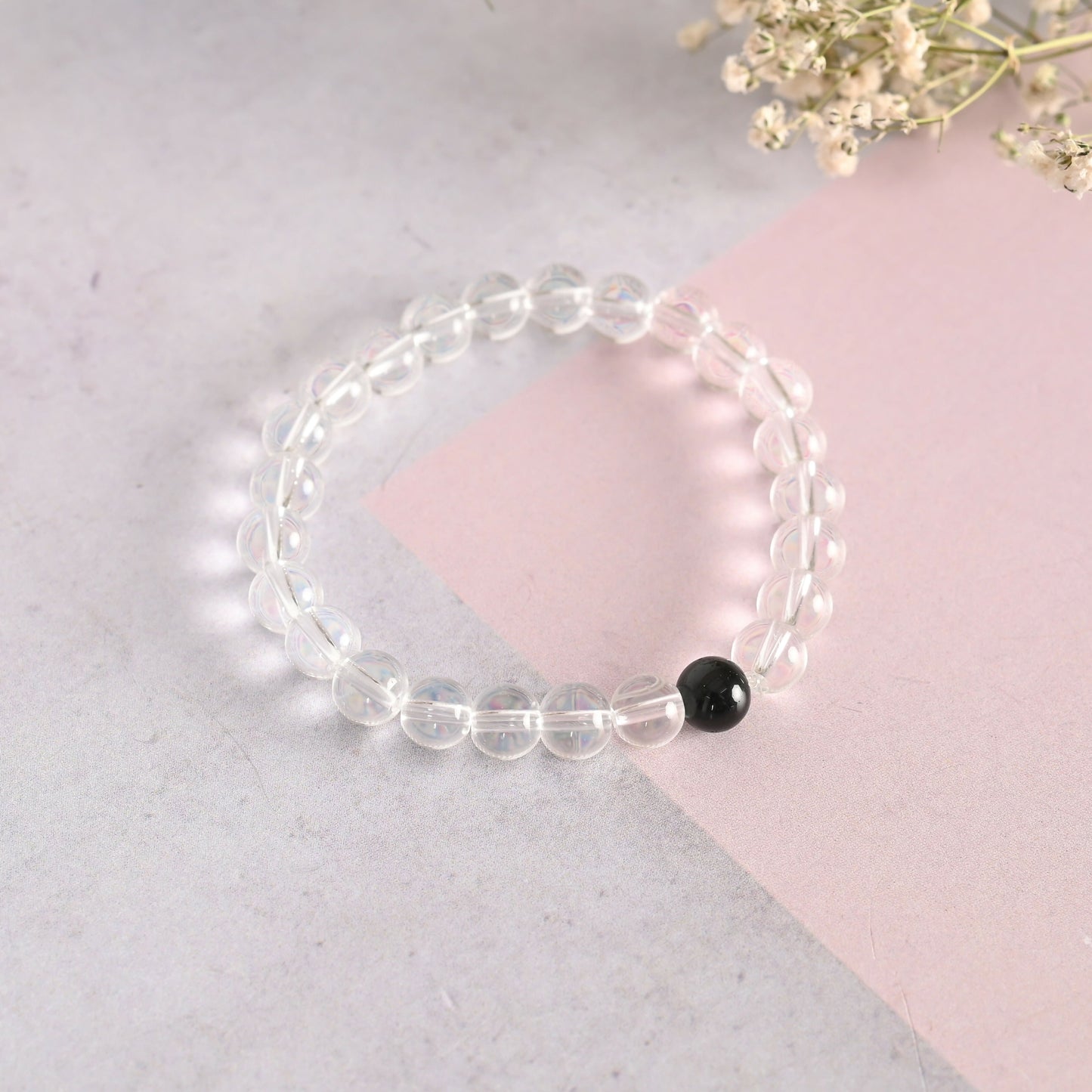 NVR Men & Women Transparent & White & Black Marbel Crystal Elasticated Bracelet - Swadesiicart