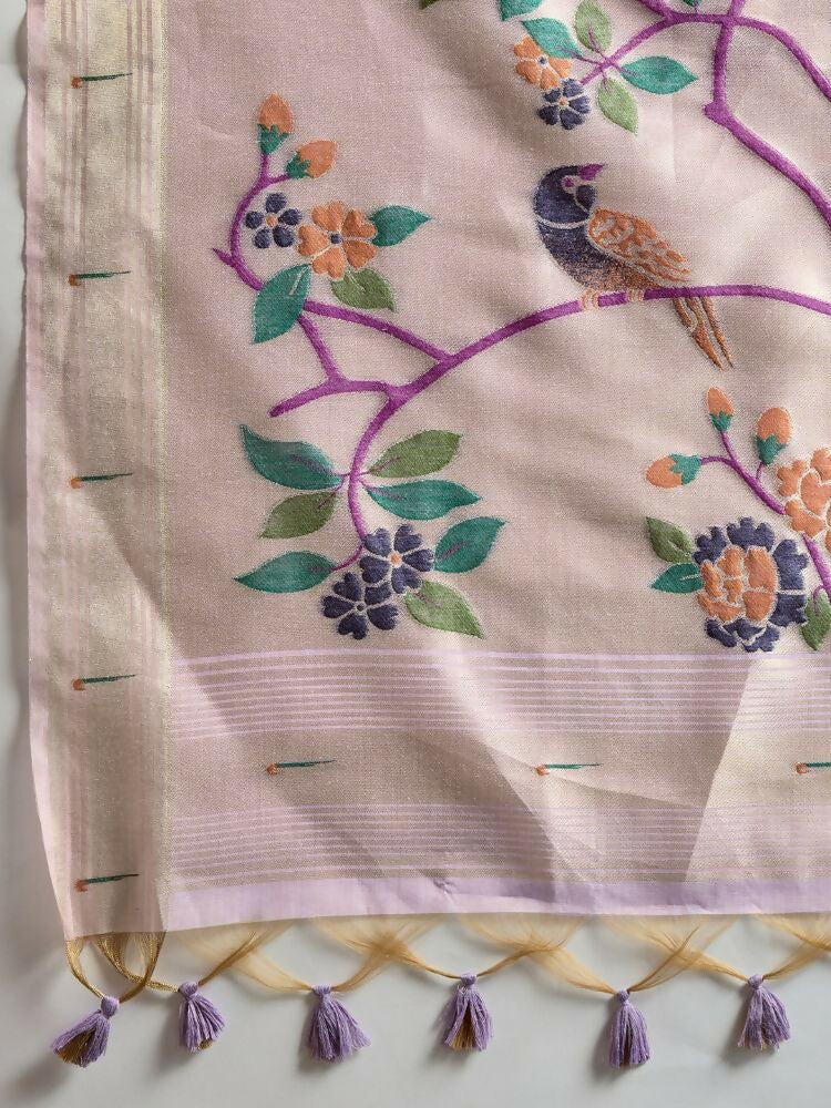 Vishnu Weaves Women's Lavender Muga Cotton Thread Woven Butti with Blouse - Swadesiicart