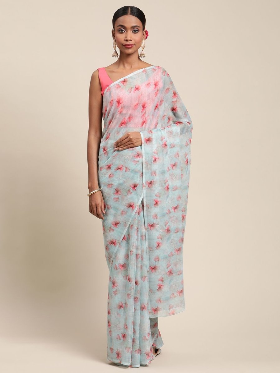 Ahalyaa Women's Summer Blue Chiffon Digital Print Floral Saree | Swadesiicart