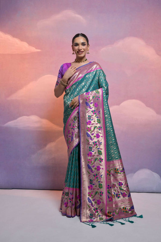 Vishnu Weaves Women's Rama Paithani Silk Zari Woven Saree with Blouse - Swadesiicart