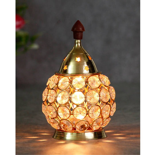 eCraftIndia Gold-Toned & Transparent Crystal & Brass Akhand Diya | Swadesiicart