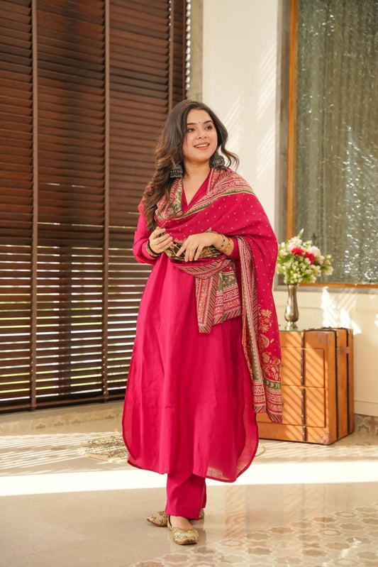 The52 Rani Women's Beautiful South Cotton Fabric Straight Kurta with Pant And Dupatta Set - Swadesiicart