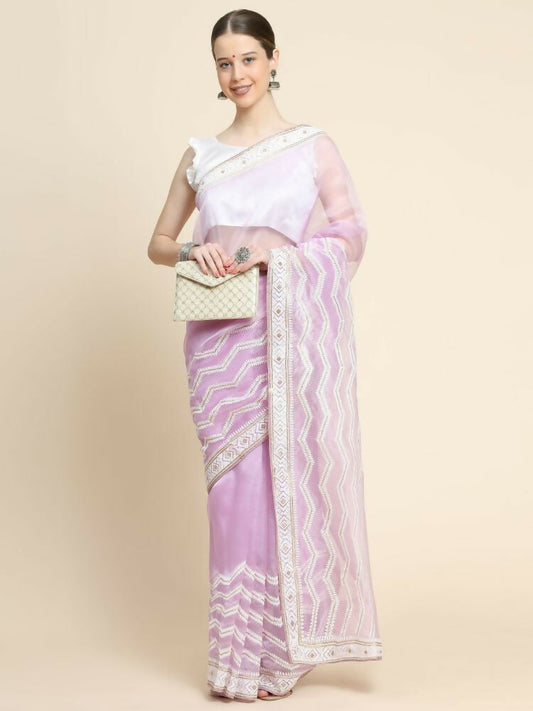 Vamsee Banno Lehriya Lavender Organza Saree - Swadesiicart