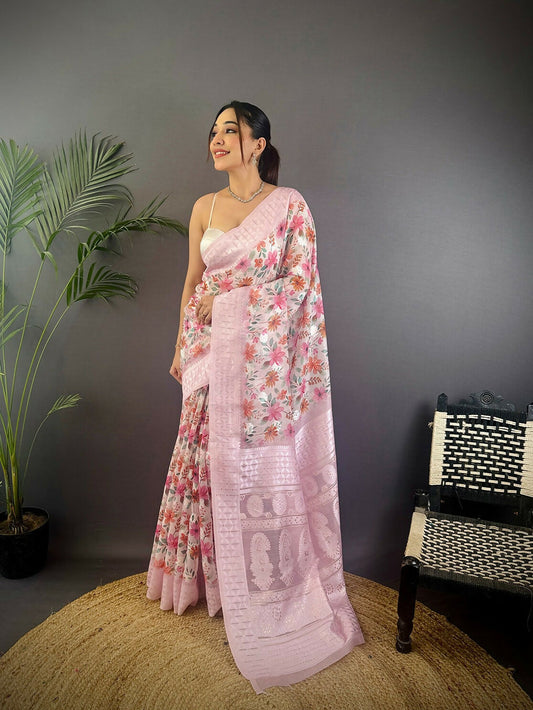 Joban Fashion Pastel Pink Floral Motifs Banarasi Silk Sarees | Swadesiicart