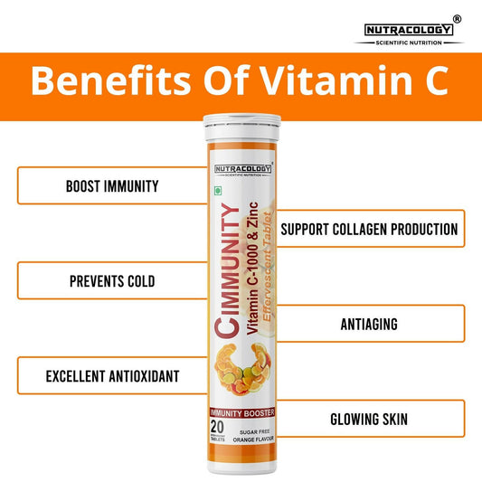Nutracology Cimmunity Vitamin C 1000mg Effervescent Tablet For Glowing Skin, Immunity Booster - Swadesiicart