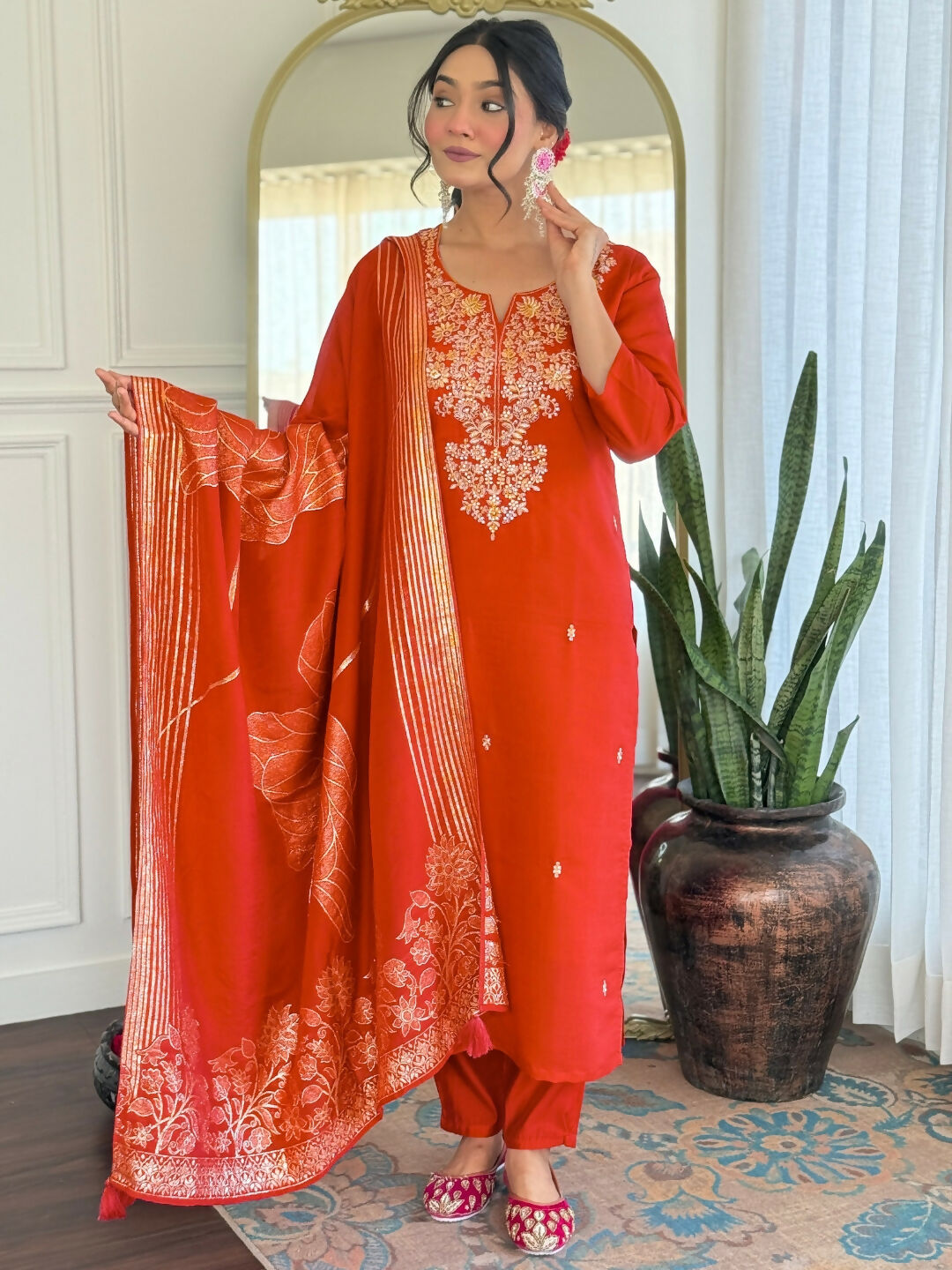 The52 Rust Women's Gorgeous Roman Silk Fabric Straight Kurta, Pant and Dupatta Set - Swadesiicart