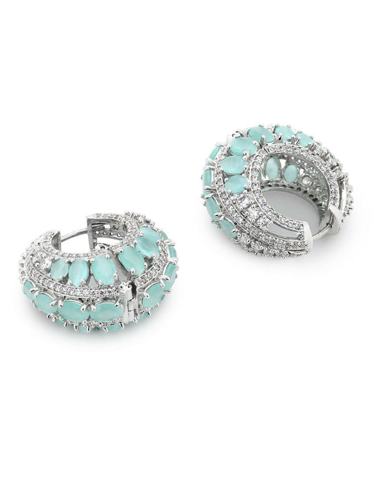Aqua & Silver Diamond Hoops Earrings- Ruby Raang | Swadesiicart