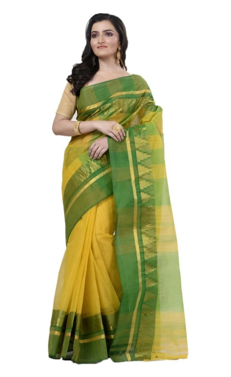Exclusive Collection Yellow Green 100% Pure Cotton Tant Saree - Swadesiicart