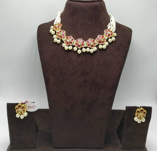 Khavi Arts Enamel Studded Pearl Choker-Pink | Swadesiicart