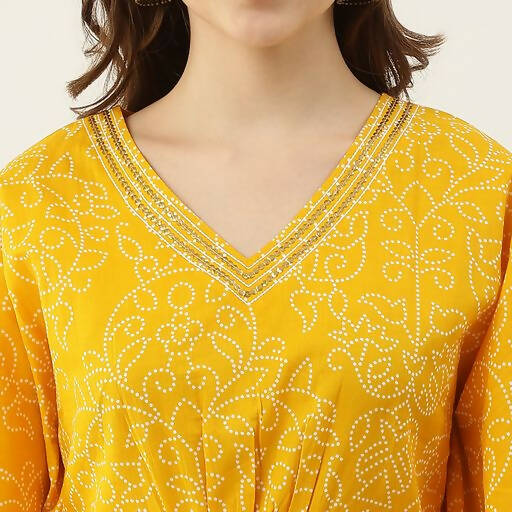 FIORRA Women's Printed Pure Cotton Kaftan Kurta - Yellow