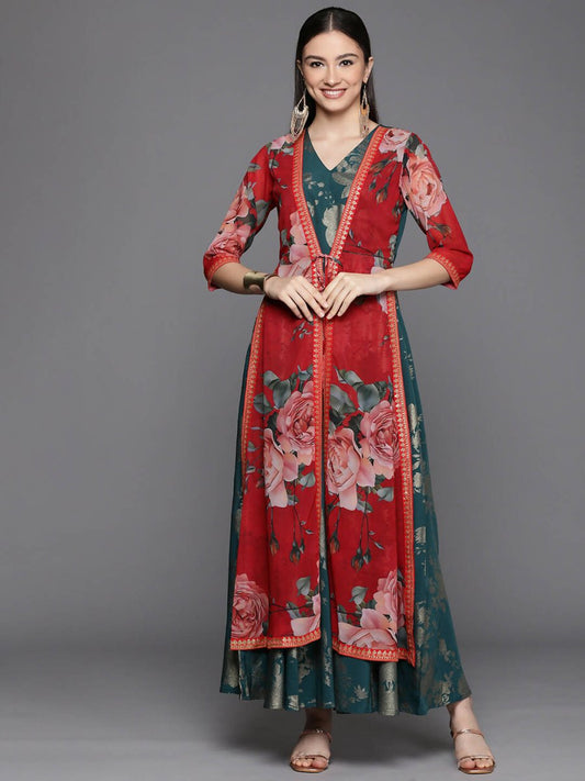 Ahalyaa Women's Green Crepe Gold Smoke Printed Dress | Swadesiicart