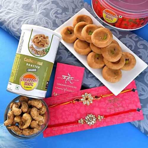 2 Kundan Flower Rakhis & Mathura Peda Hamper Combo | Swadesiicart