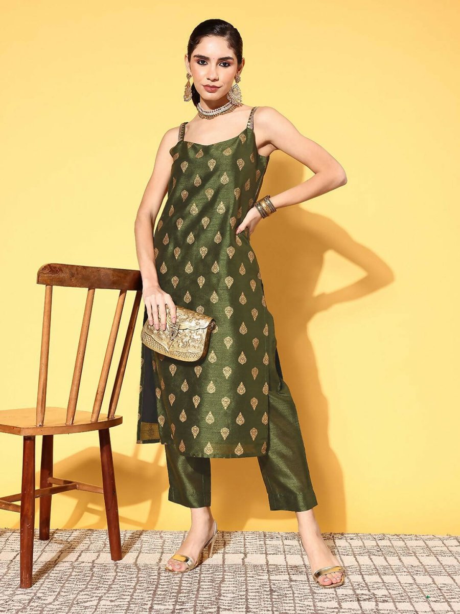 Ahalyaa Women's Olive Colour Poly Silk Gold Printed Kurta Pant Set | Swadesiicart