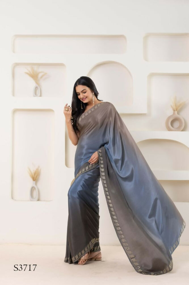 Grey Satin Pedding Designer, Printed Party Wear Ready To Wear Saree - Femina | Swadesiicart