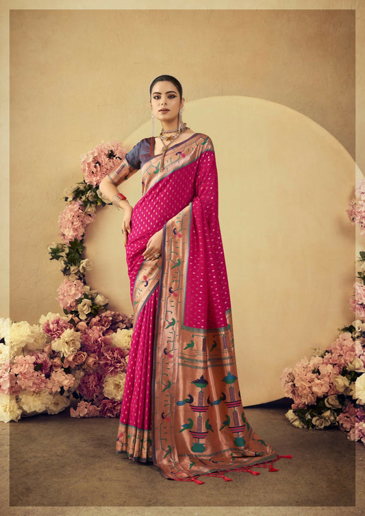 Vishnu Weaves Women's Rani Paithani Silk Saree with Blouse - Swadesiicart
