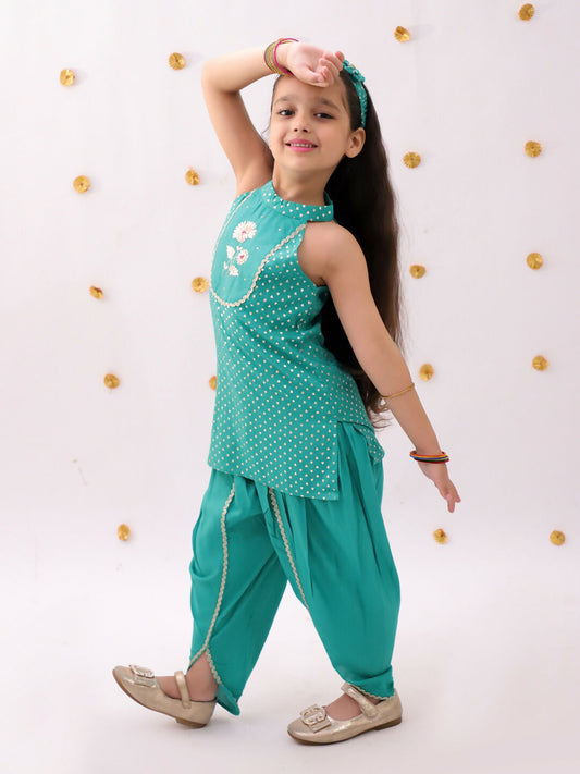Lil Drama Khilkhilahat Green Kurta Dhoti Set For Girls | Swadesiicart