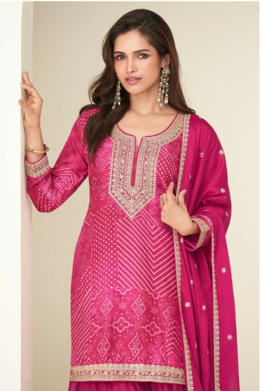 Anaita Magenta Chinon Stitched Suit with Digital Print & Embroidery Coding Sequence Work
