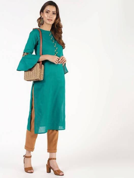 Aniyah Cotton Criss Cross Bell Sleeves Blue Straight Kurta (AN-143K) - Swadesiicart