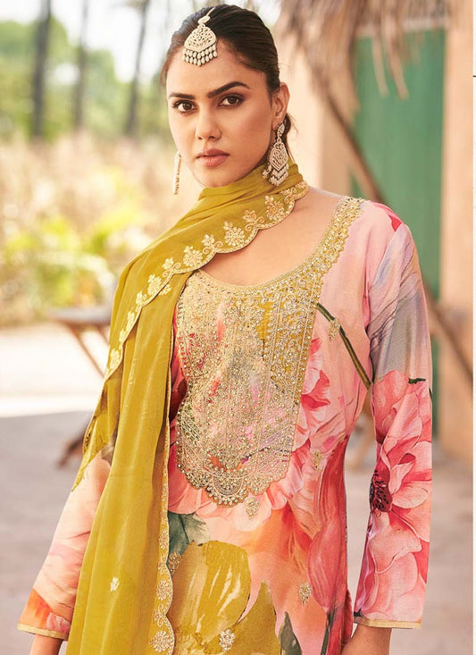 Vegaa Fashion Baby Pink Premium Chinon Embroidered Palazzo Suit - Swadesiicart