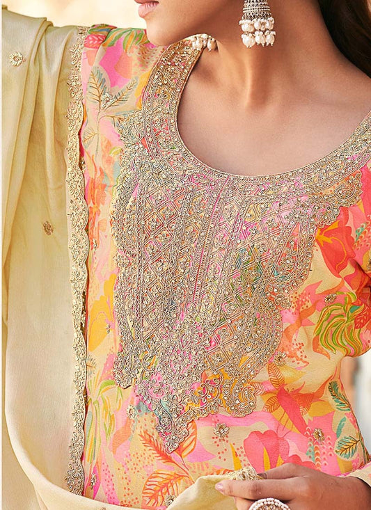 Vegaa Fashion Cream Premium Chinon Embroidered Palazzo Suit - Swadesiicart