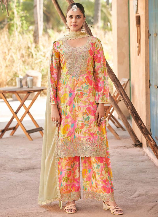 Vegaa Fashion Cream Premium Chinon Embroidered Palazzo Suit - Swadesiicart