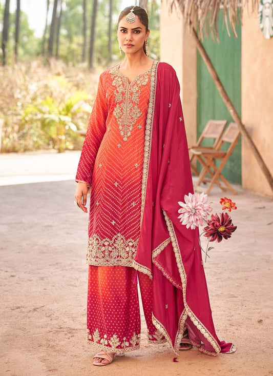 Vegaa Fashion Red Premium Chinon Embroidered Palazzo Suit - Swadesiicart