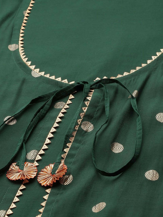 Ahalyaa Womens Dark Green Chanderi Gold Foil Printed Kurta Palazzo Set | Swadesiicart