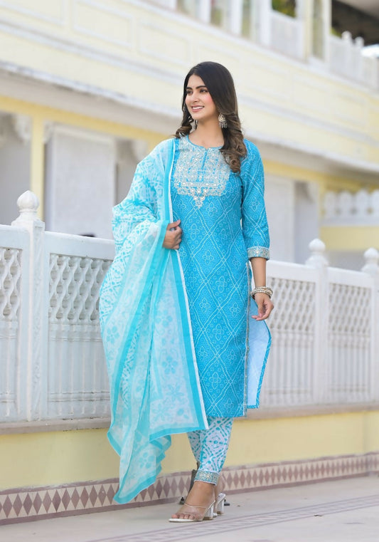 Partywear Designer sky blue cotton Stitched Suit With Dupatta - Tanisha | Swadesiicart