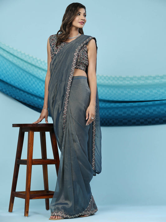 Teal Lycra Shimmer Pattern Ready to Wear Saree with stitched Blouse - Nirvana | Swadesiicart