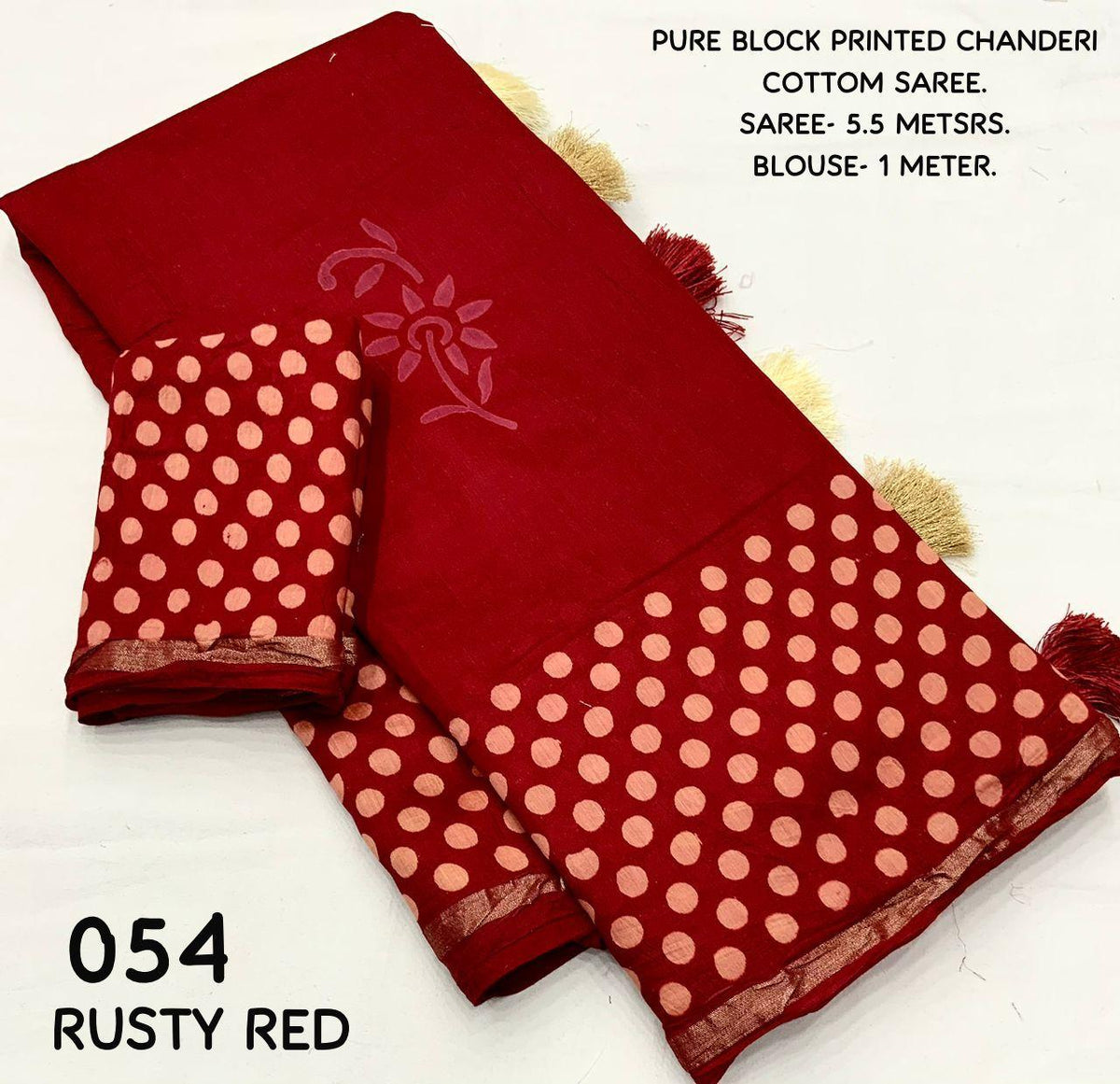 Red Pure Chanderi Hand Block Swadesiicart with Unstitched Blouse - Hiral Fashion